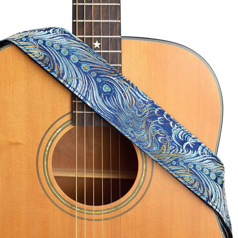 CLOUDMUSIC Guitar Strap For Acoustic Electric Embroidered Jacquard Vintage Floral Patterns(Colorful Feather In Blue) - Image 1